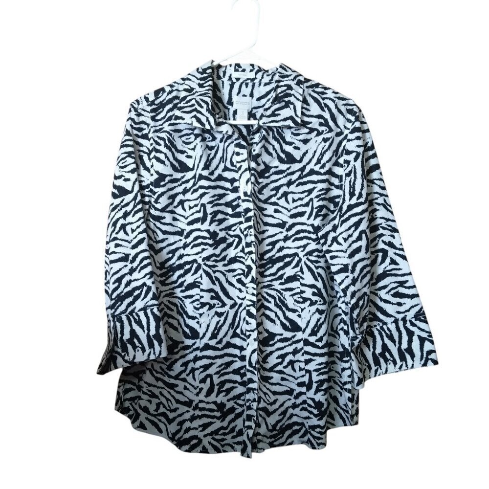 Chico’s Size 3 (XL) No Iron Zebra Print Button Front Blouse Top Colorful Cotton